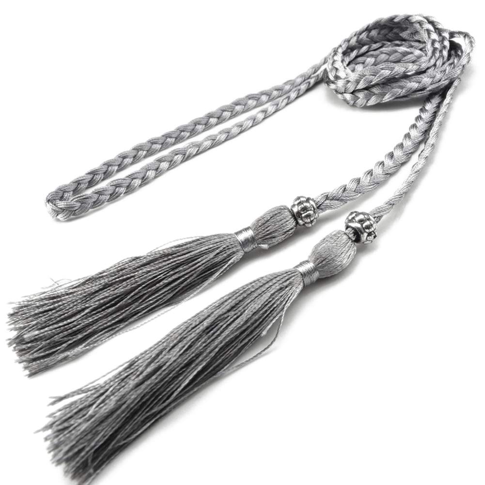 Beito Women's Silver Tassel Braided Waist Rope Belt For Dress Thin Pu Leather Girls Dress Strap Tassel Fringe Chain Belts