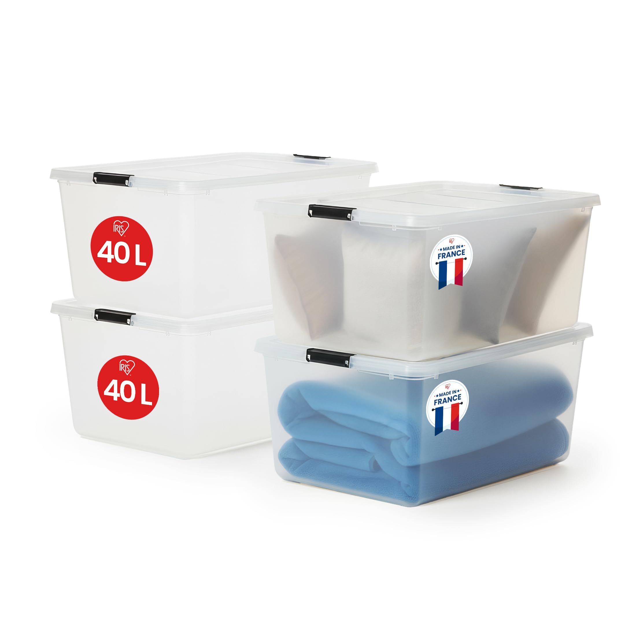 Iris Ohyama Aufbewahrungsboxen mit Deckel, 40L, 4er-Set, Transparent, Sicherer Verschluss, Stapelbar, Griffe, Schlafzimmer, Schrank, Büro, Organisation, BPA-freies Plastik, Ordnungsboxen, FTB-40