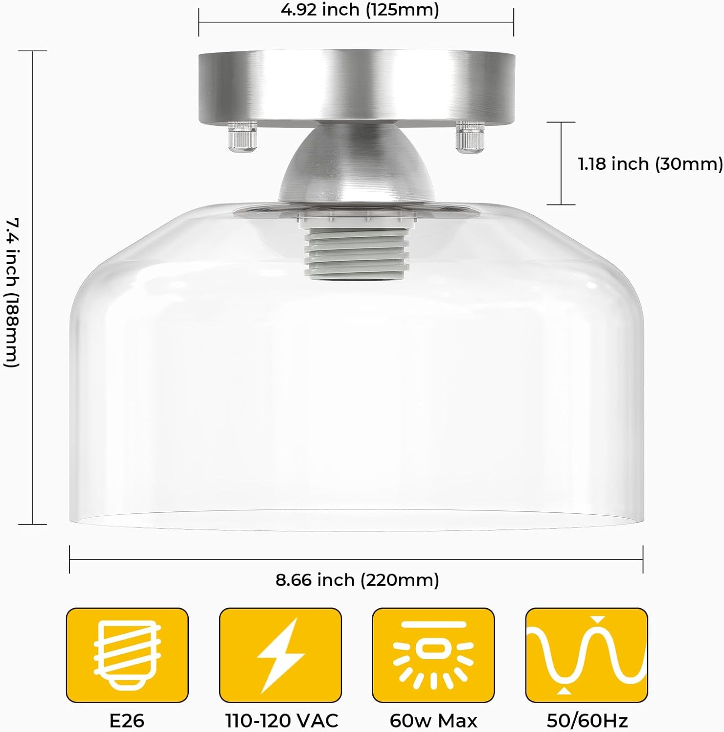 Semi Flush Mount Ceiling Light Silver, Clear Glass Pendant Lamp Shade, Modern Farmhouse Light Fixture for Hallway Corridor Kitchen Entryway Bedroom, Bulb Not Included
