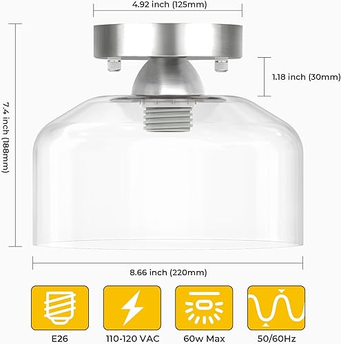 Miniatura 2 de Lámpara de techo semiempotrada plateada, pantalla colgante de cristal transparente, moderna lámpara de granja para pasillo, pasillo, cocina,