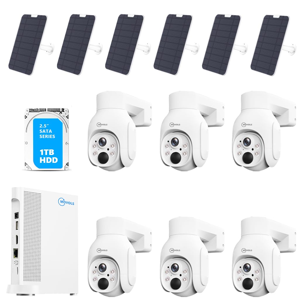 Movols Security Cameras Outdoor Wireless, Solar-Powered, No Subscription, 6PCS Solar Home Security Cameras System with 360° Pan & Tilt, 2K Color Night Vision, Spotlight Camera, 2.4G & 5G WiFi