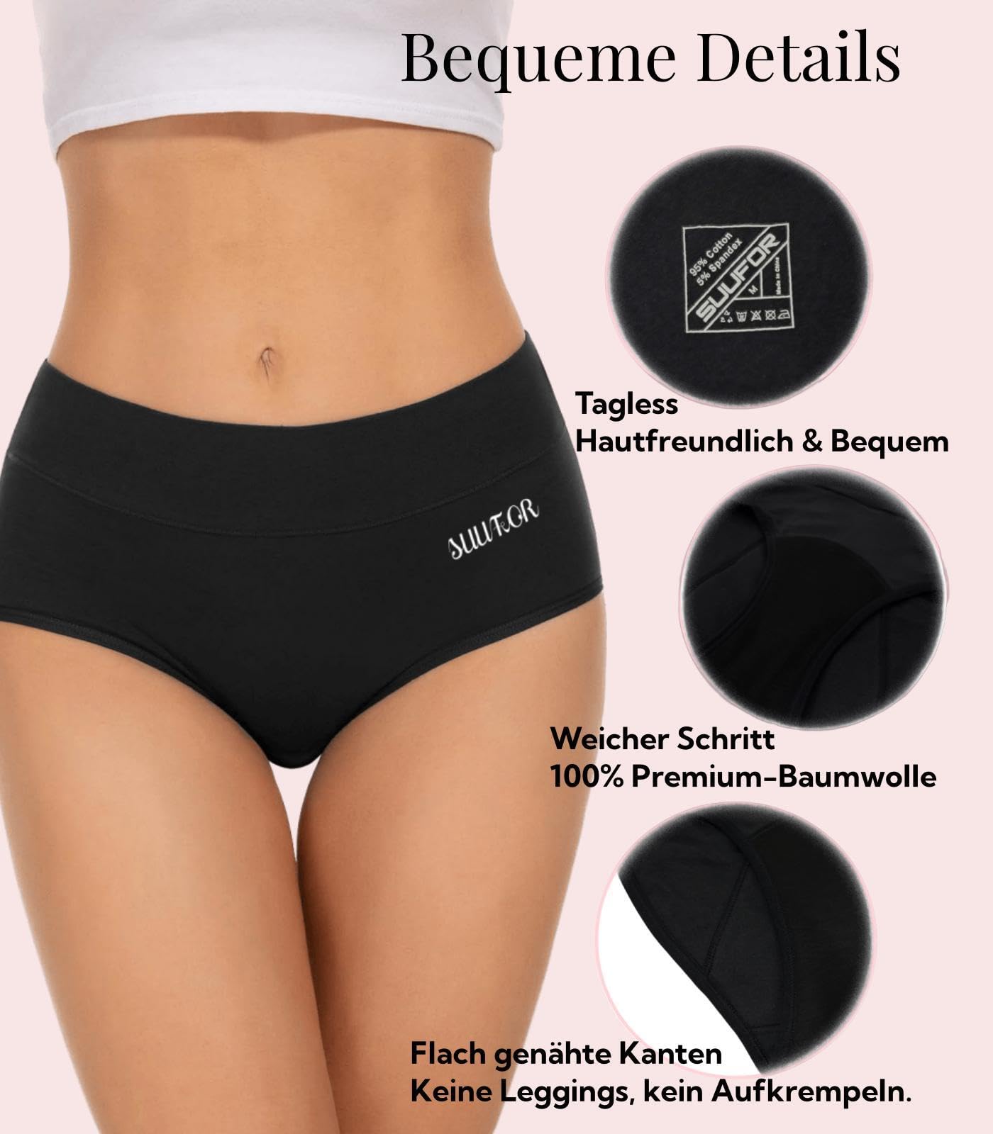 SUUFOR Mutande Mestruali Donna 60ML, Mutanda Mestruale ad Alta Assorbenza, Cotone Vita Alta Slip Mestruali Donna (3 Pezzi)