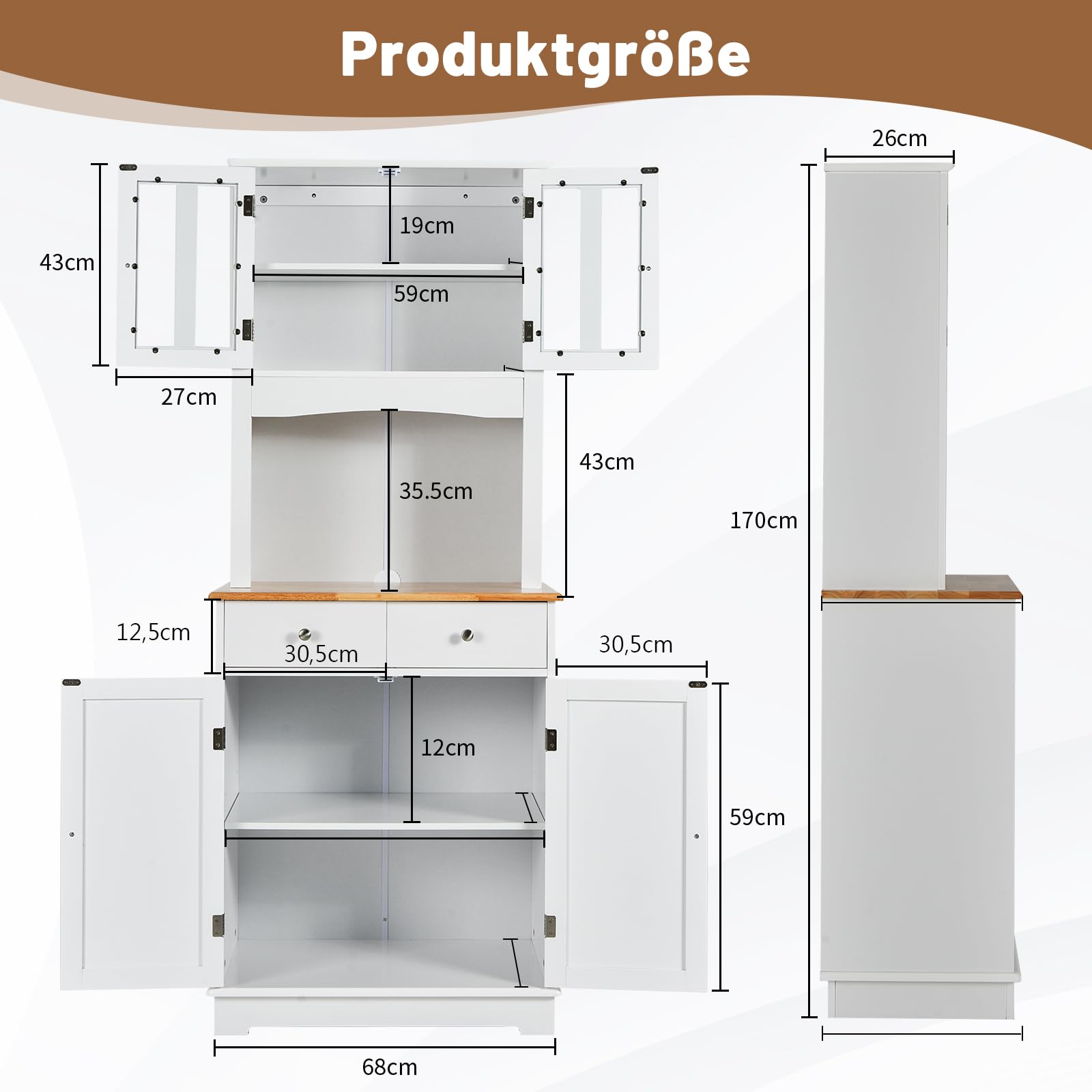 HOMCOM Vrijstaande Keukenkast, verstelbare schappen, twee brede laden, multifunctioneel voor woonkamer en keuken, wit