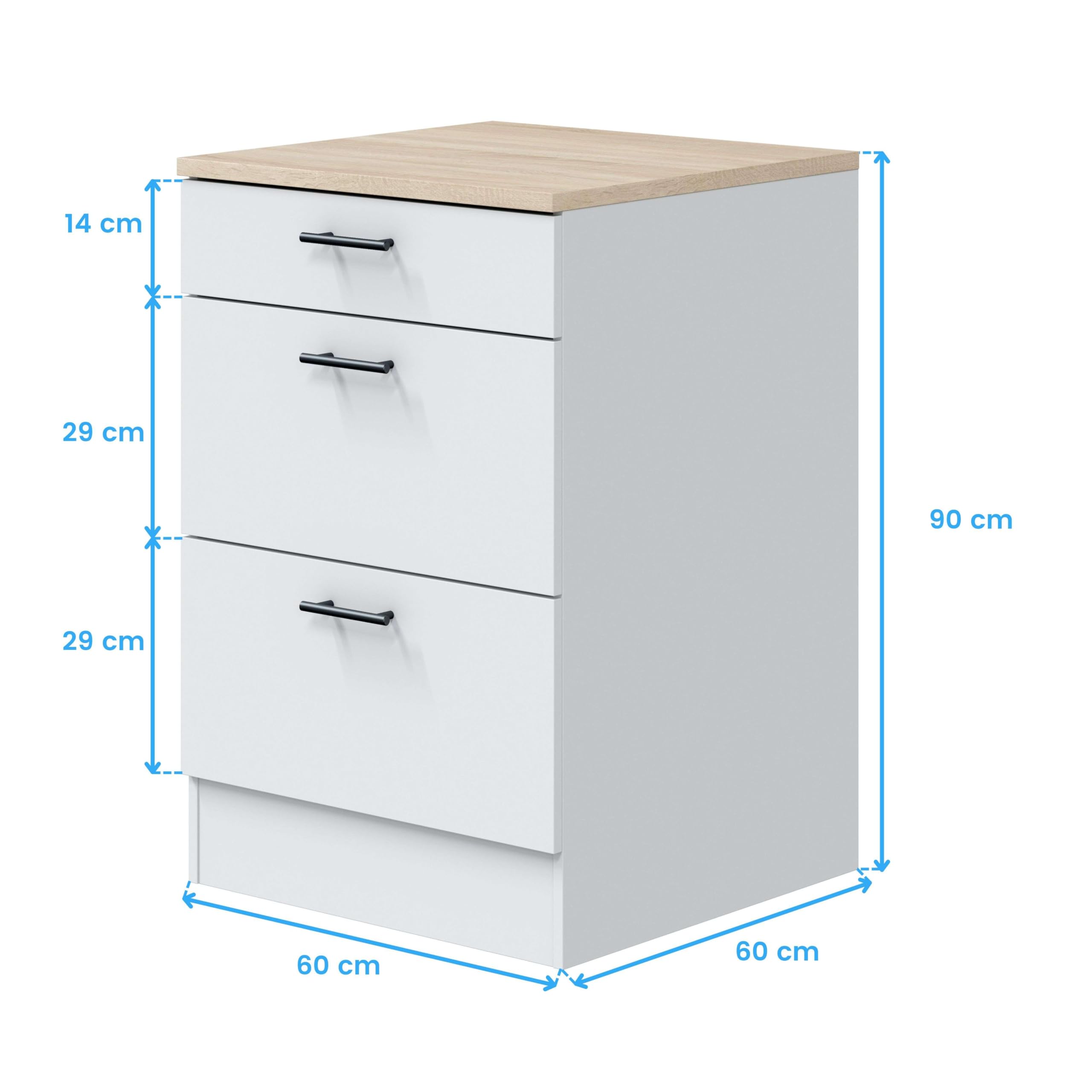 Bricohabitat Módulo Inferior Cocina Kira 3 Cajones Estilo Moderno Blanco Brillo y Roble Canadian 60x90x60 cm