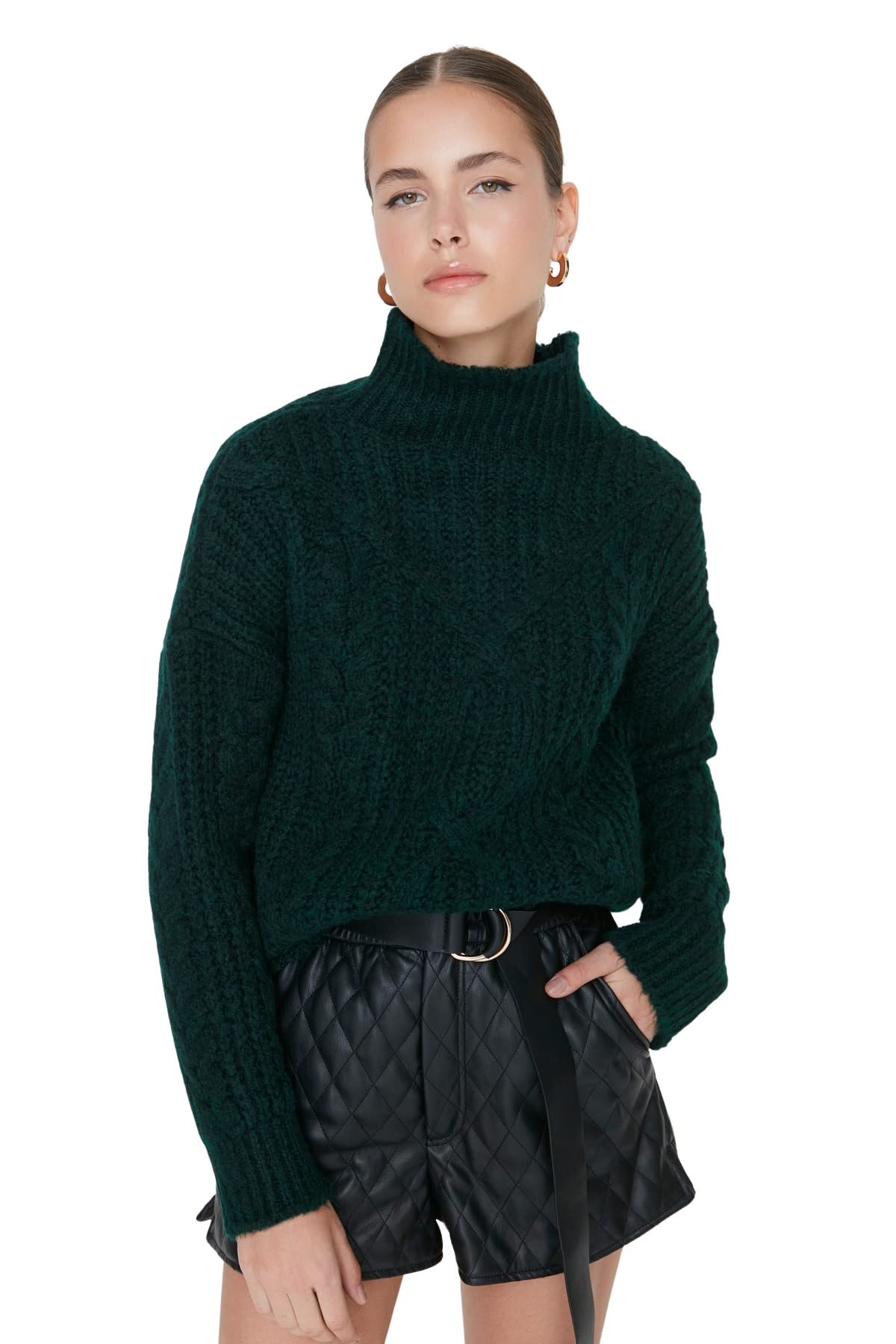 TRENDYOL Damen Pullover Mit Stehkragen Und Zopfmuster Sweatshirt, Grün, M EU