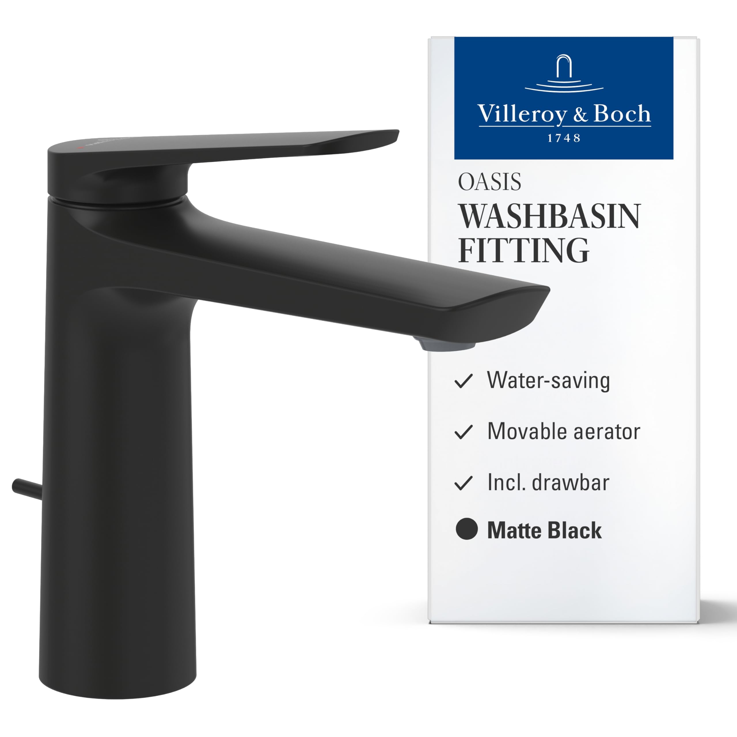 Villeroy & Boch Oasis washbasin tap with Draw bar - Bathroom tap with Ceramic Cartridge - Water-Saving and Easy-Care washbasin tap - spout Height 114 mm - Round Bathroom tap in Matt Black