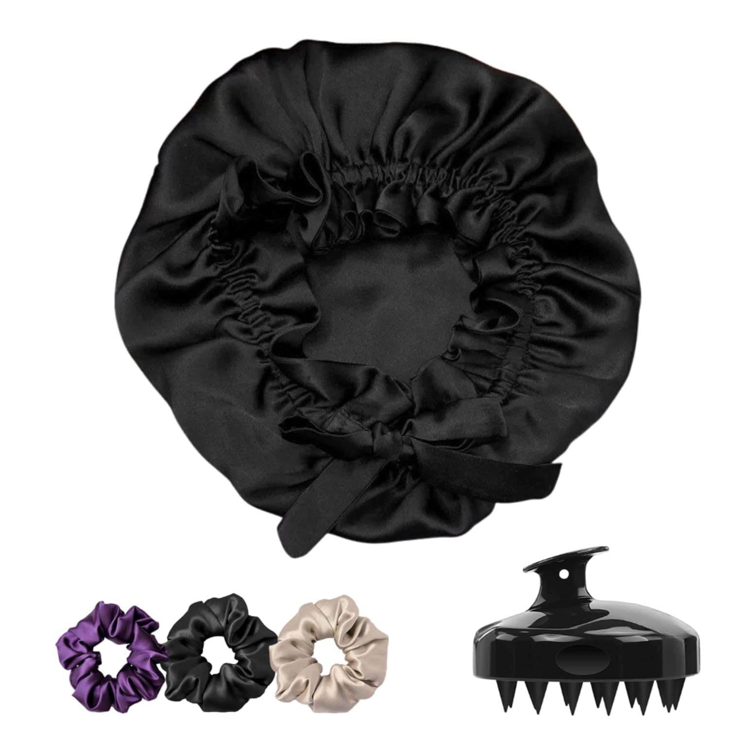 VIYANSHI Silk Satin Hair Bonnet Combo for Women | Reversible & Adjustable Tie Band Sleep Cap | Includes Scalp Massager Shampoo Brush & Satin Scrunchies (in, Alpha, Free Size, Dark Black)-picture-22