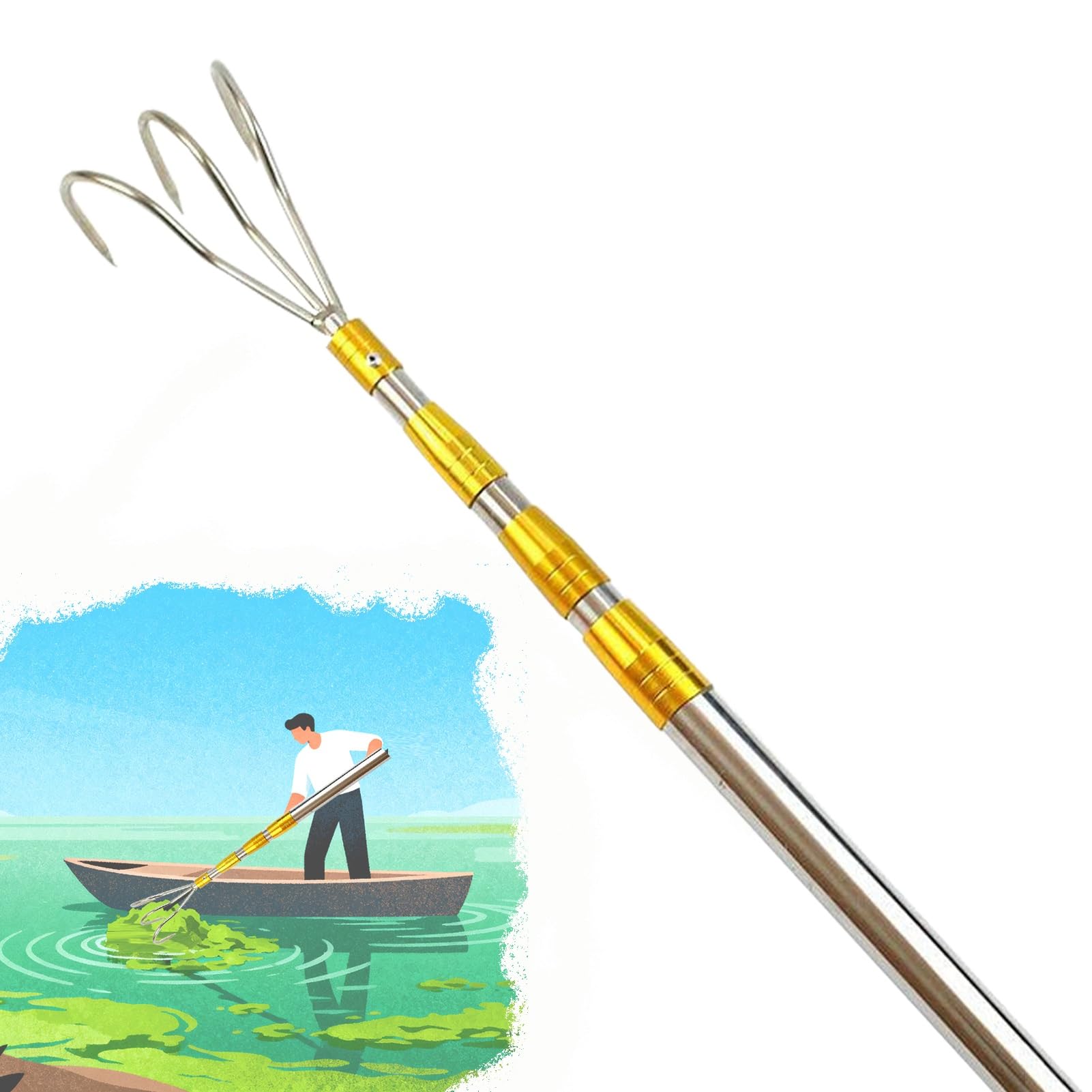 Mezzo Marinaio per Barca Rastrello per Alghe ad Alta Resistenza, Palo per Gancio per Barche Aad Alta Capacità di Carico,Pali di Spinta per Barche in Metallo(3-Claw,60-150cm/24" - 59")