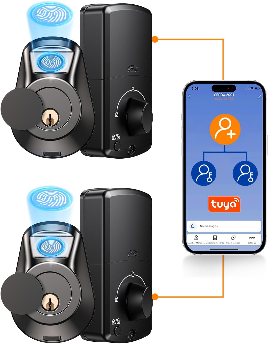 SEPOX® 2PC Set Smart Deadbolt Lock – 5-in-1 Keyless Entry (Fingerprint, Bluetooth, WiFi, Tuya APP, Key) – Auto Lock/Unlock, Front & Bedroom Door Compatible, Upgrade Door Lock, Lever & Knob