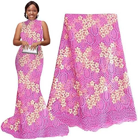 Ourwin 5 Yards African Net Lace Fabrics Nigerian French Fabric Embroidery and Rhinestones Guipure Cord Lace (Pink)