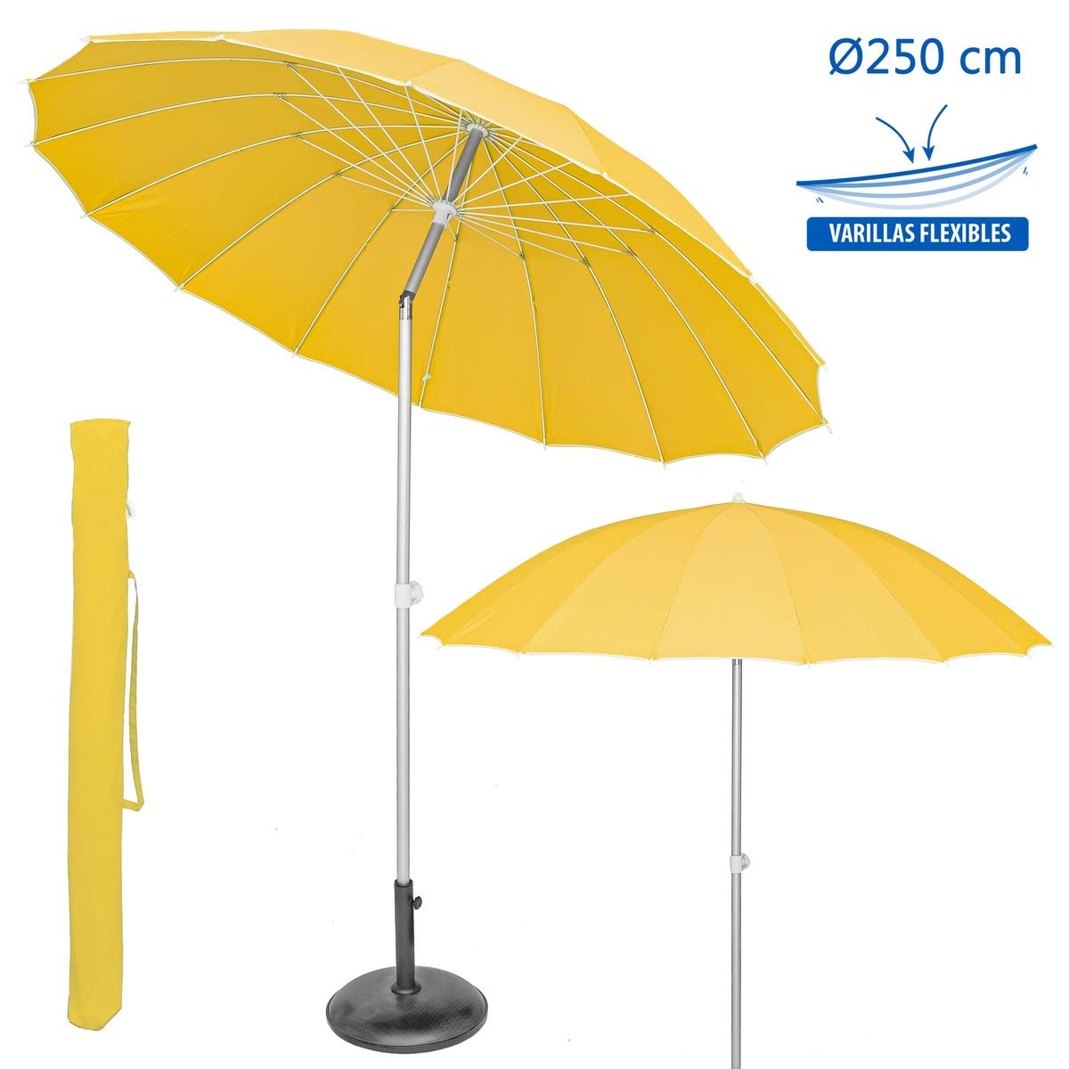 LOLAhome Parasol sombrilla Mostaza de Ø 250 cm, Aluminio | con Varillas Flexibles de Fibra de Carbono y mástil de Aluminio