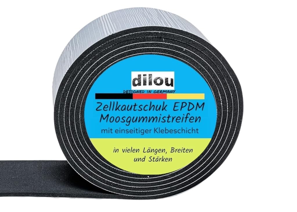 dilou Moosgummi mit Klebeschicht 1 Rolle (10m lang) in 8 Breiten und 4 Stärken EPDM Zellkautschuk Gummidichtung Bodenbelag (Dicke/Stärke 10mm, Breite 8cm)