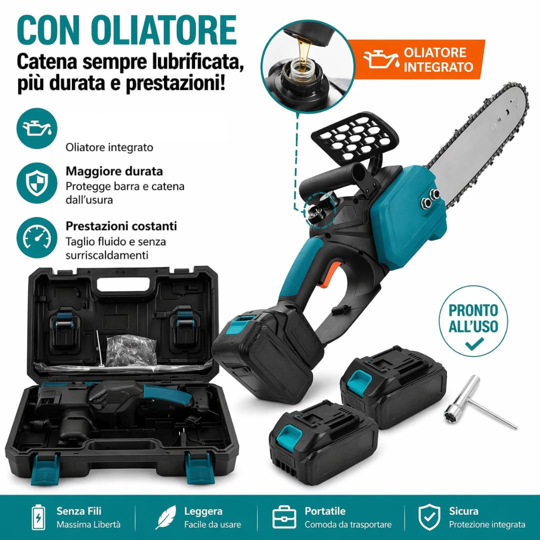 Motosega a Batteria 12” per Potatura con Oliatore, Sega Elettrica per Legno con 2 Batterie, Compatta e Portatile per Giardinaggio.