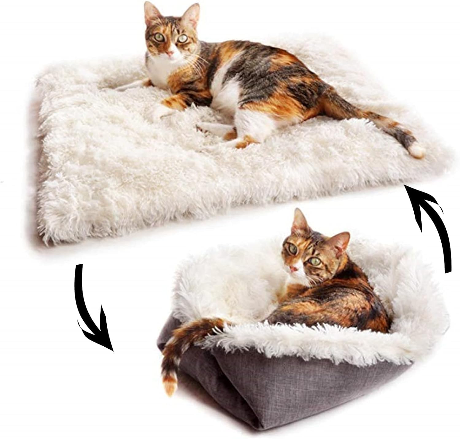 TAME Foldable Convertible Cat Bed for Indoor Cat, Sleeping Nest and Mat 2 in 1,Plush Warm Comfy Pet Nest Pad Bed for Cat & Puppy