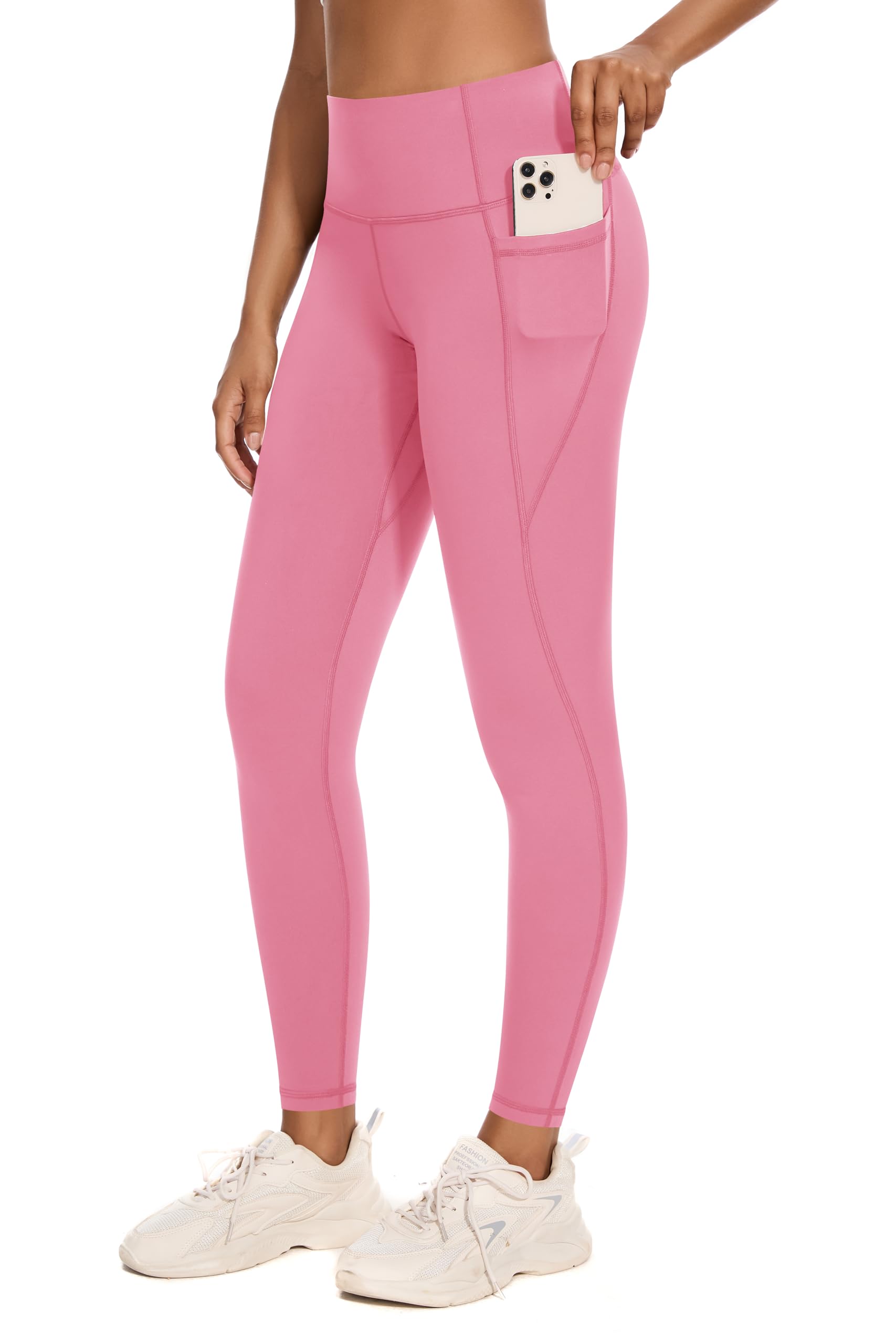 Neonysweets Women's Fleece Lined Leggings with Pockets Thermal Warm Winter Tights Yoga Pants Cold Weather Workout Leggings Pink M