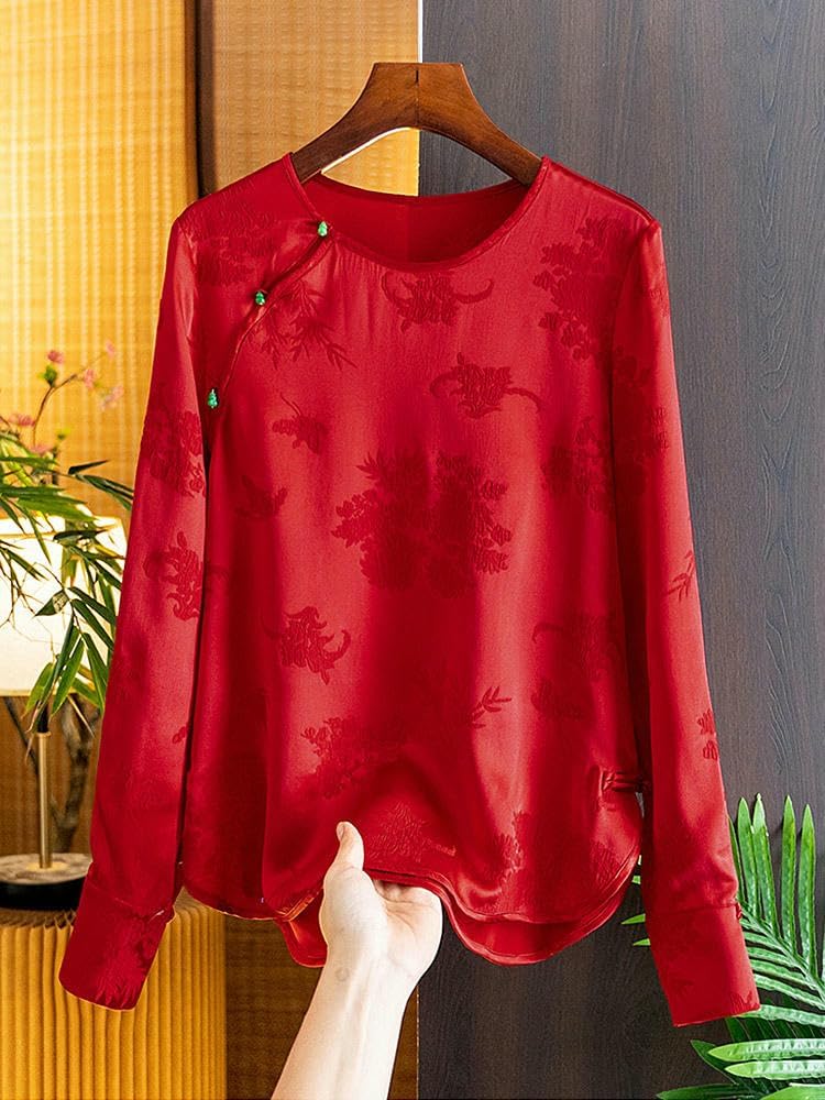 Women's White Silk Blouse Spring Summer Side Fastening Jacquard Mulberry Silk Top