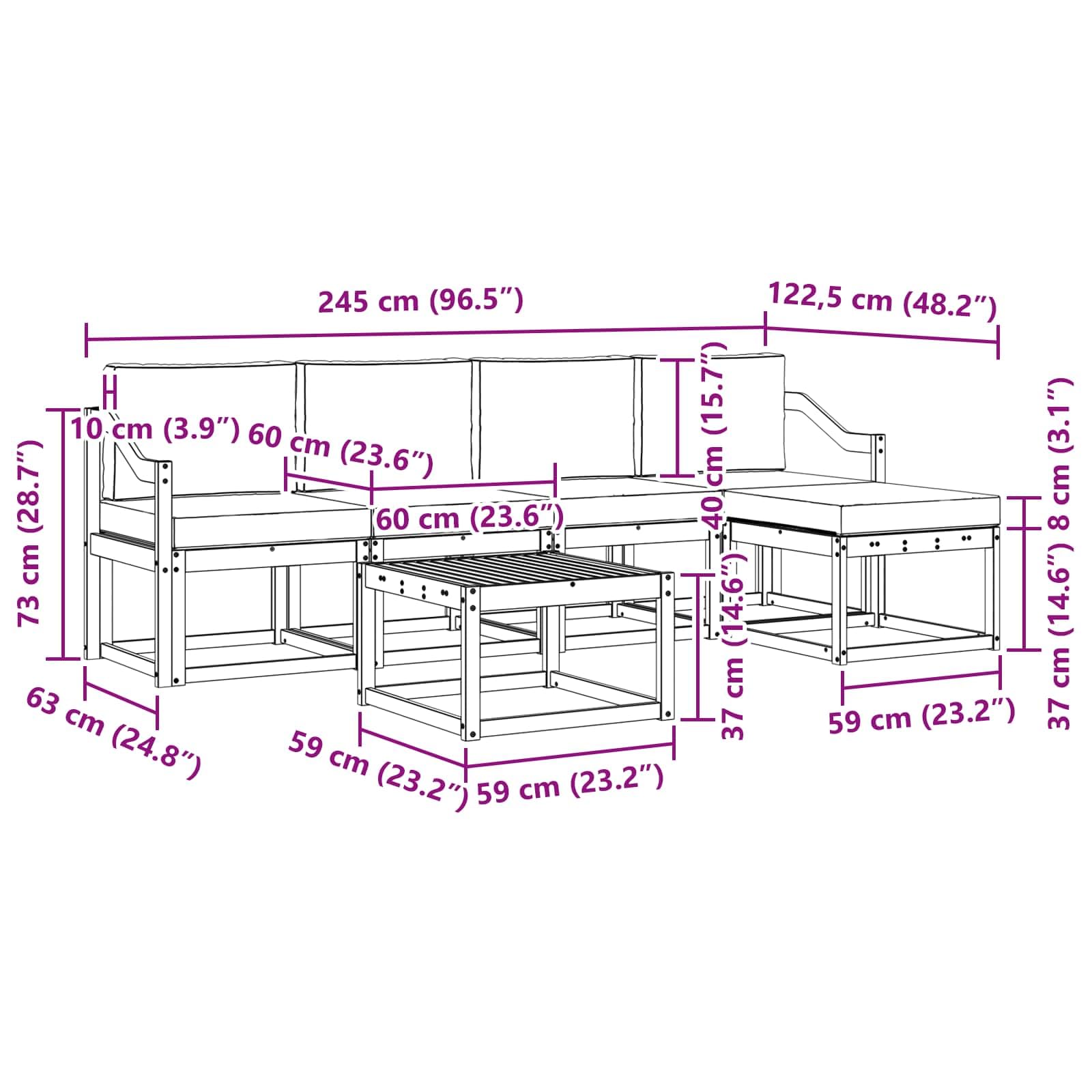 Outdoor-Sofagarnitur 6-teilig mit Kissen aus massivem Akazienholz Natur Creme, inklusive Tisch, Hocker und Armlehnen, wetterbeständig, modernes Latten-Design für Terrasse Balkon Garten