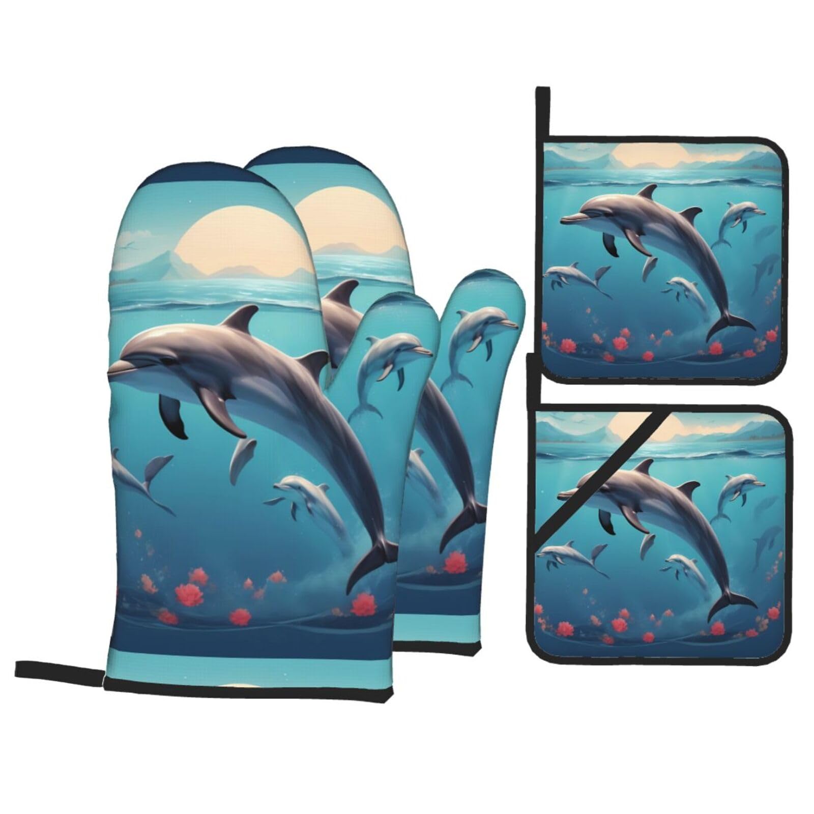 HJFCZH Dolphins in The Sea Picture Kitchen Baking Set of 4 Thick Insulated Oven Mitt & Pot Holders, Anti-Scalding for Microwave, Oven, Outdoor BBQ