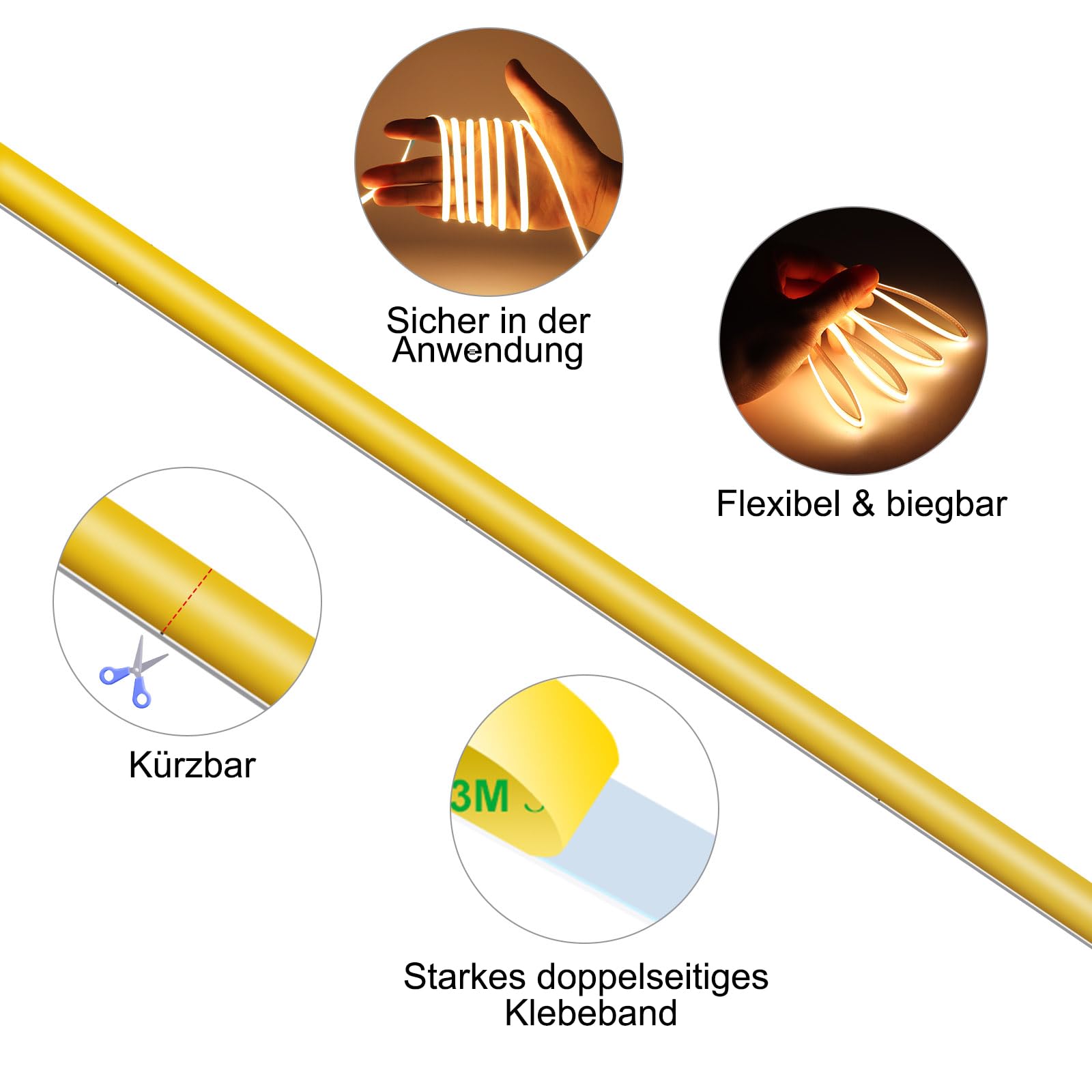 5m 12V COB LED Streifen 5mm 400LED/m 5m Warmweiß 3000K CRI>90 ultradünn dimmbar flexible Lichtleiste Innenbeleuchtung für Küche Regal Schlafzimmer DIY Deko Lichtband (ohne Netzteil und Controller)