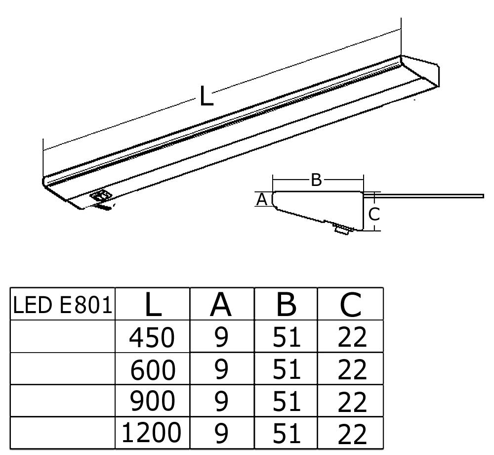 Thebo LED E 801 Unterbauleuchte 3000 K mit Schalter - Länge 600 mm/Vitrinenleuchte