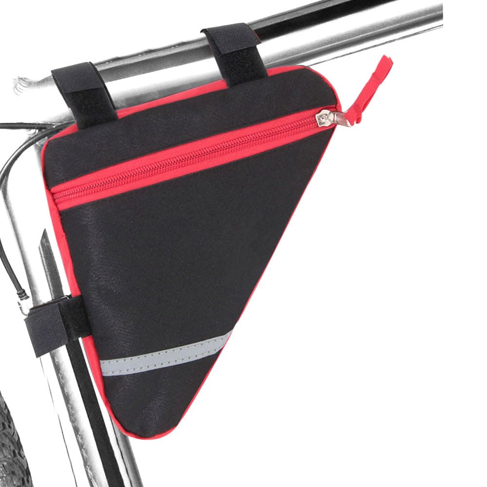 Borsa Triangolare Bicicletta, Borsa Triangolo Telaio Anteriore Bici, Borsa Triangolare Impermeabile Nylon, con Striscia Riflettente (Rosso)