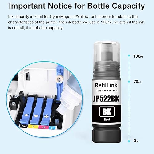 Miniatura 6 de 522 botellas de tinta negra compatibles con 522 botellas de recarga de tinta, uso negro para impresora ET-2800 ET-4800 ET-2400 ET-2803 ET-2720