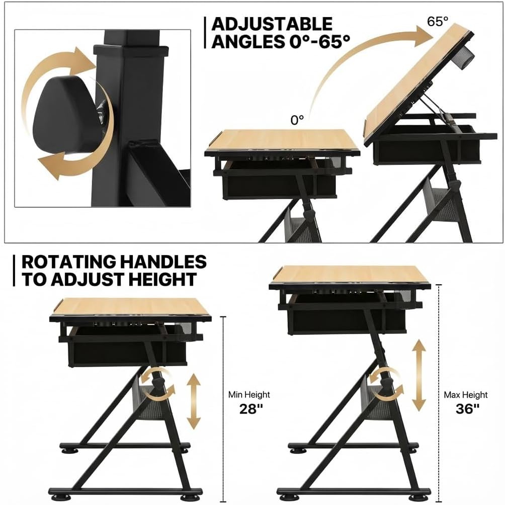 Drafting Table with Storage & Stool: Adjustable Tilting Art Desk, 2 Drawers, Height Adjustable Craft Table for Drawing, Painting, Home Office (Maple)