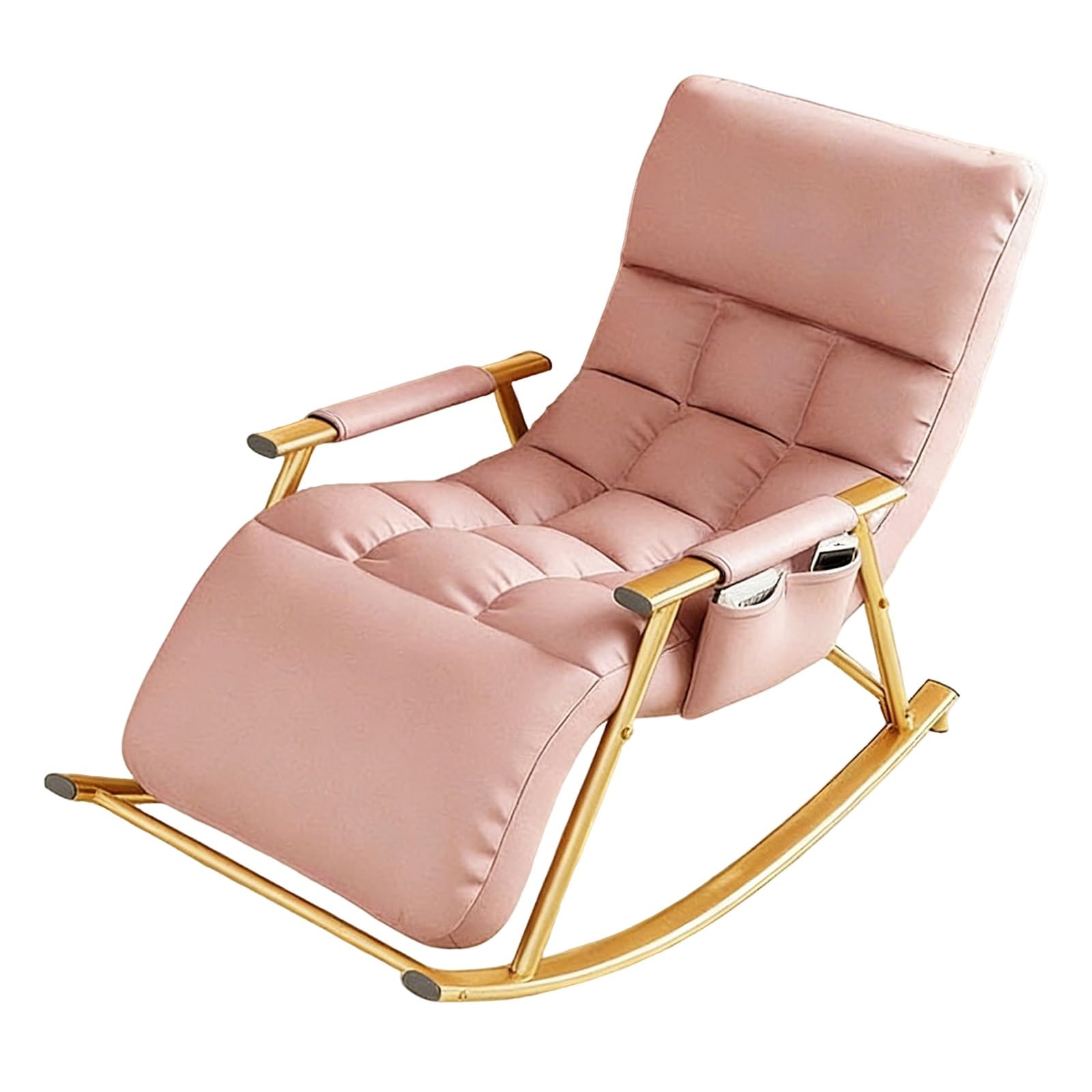 GTHTUHFD Rocking Chair With Adjustable High Backrest And Footrest, Comfortable Upholstered Rocker With Side Pockets, Leisure Recliner For Living Room, Bedroom, Balcony,Pink-Gold frame