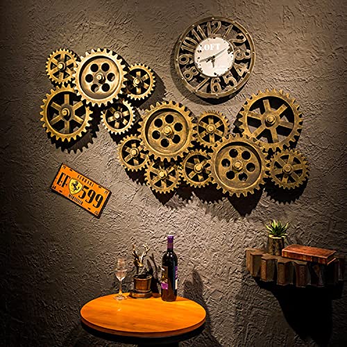 Decorazione Murale Decorazione da parete con ruota dentata grande, decorazione da parete con ingranaggi in stile industriale Steampunk da 90 cm, 8 sculture da parete collegate con ingranaggi in legno,