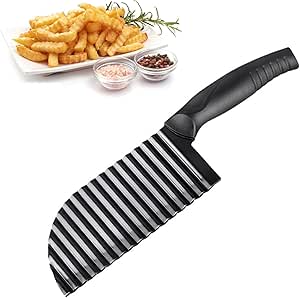 AEIMIAIDE Crinkle Cutter Garnishing Knife, Stainless Steel Waves French Fries Slicer Handheld Chipper Chopper, Home Kitchen Vegetable Chip Blade (Black)