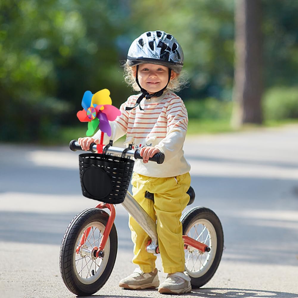 Laluky Kids Bike Basket, Cute Bicycle Front Handlebar Basket with Bell Windmill, Adjustable Small Scooter Arts and Crafts Bike Decoration, Bike Accessories for Boys Girls Kids(Black) - Image 4