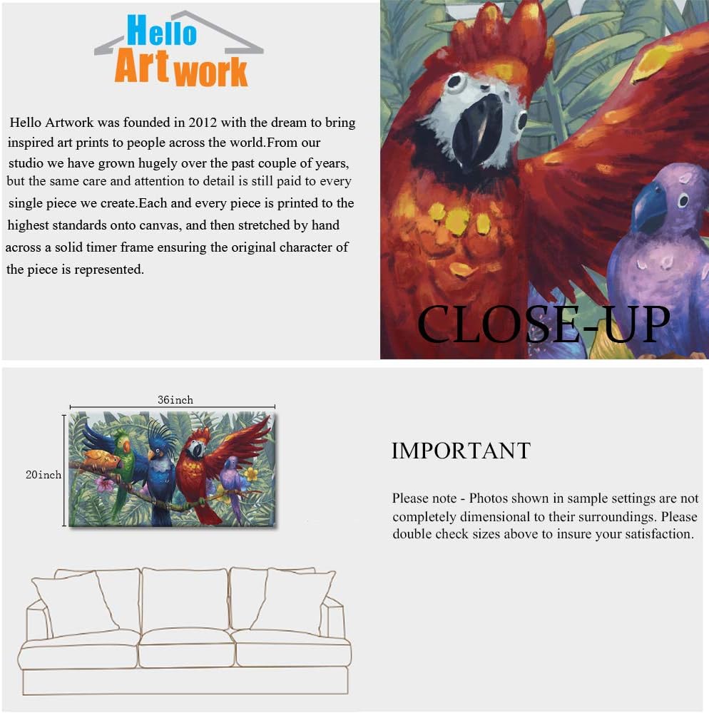 iHAPPYWALL Large Parrot Tropical Birds Canvas Wall Art Rainbow Parrots on the Branch Rainforest Picture Painting for Living Room Home Decor Ready to Hang 20x36inch