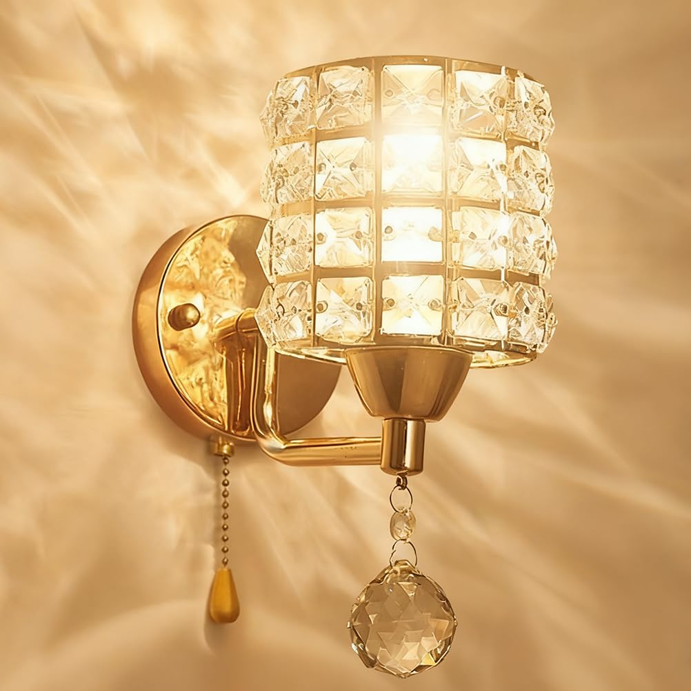 Innen Vintage Wandleuchte mit Schalter Retro Kristall Wandlampe E27 Wandbeleuchtung Dekorative Nachttischlampe Wand Flurlampe für Wohnzimmer Schlafzimmer Korridor（Ohne Leuchtmittel） (Gold)