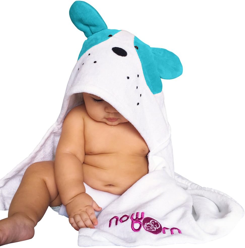 Baby Hooded Bath Towel – Cute Puppy Dog Animal Design – 100% Cotton Material (Blue)