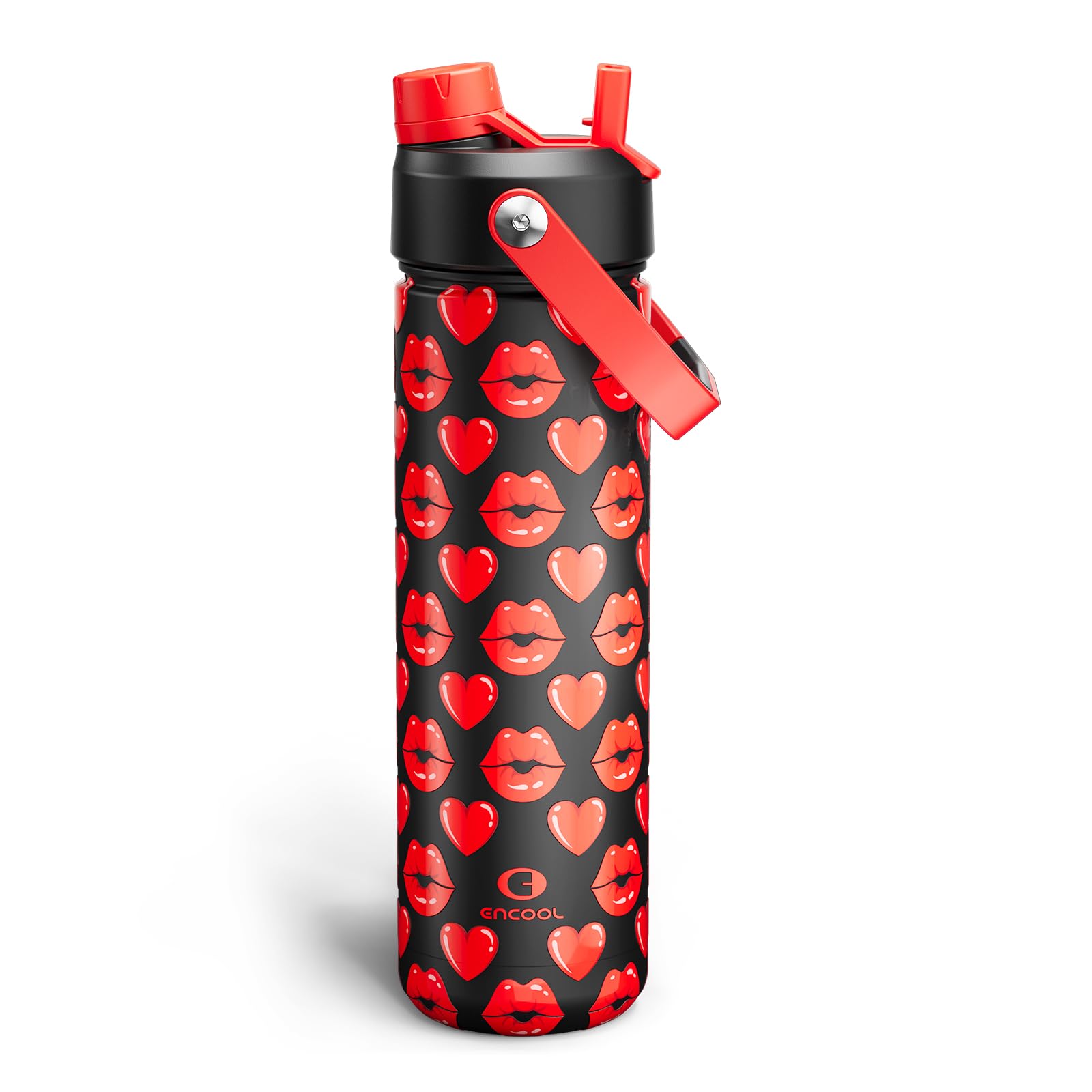 ENCOOL Insulated Water Bottle with Straw Stainless Steel Water Bottle, Leak-Proof, BPA-Free, Keeps Cold for 24 Hours for Sports, Travel, School (26 oz, Kiss Hearts Red x Black)