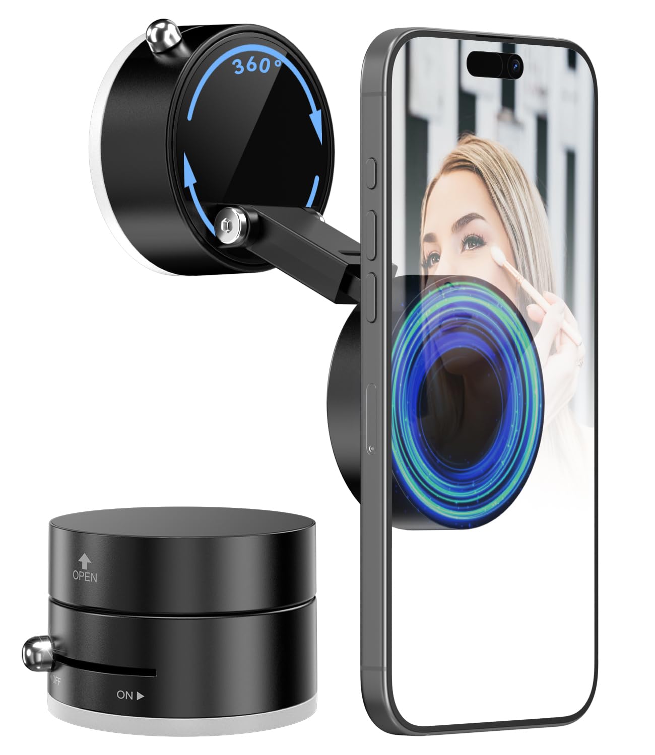 imluckies Supporto Magnetico Telefono con Aspirazione a Vuoto, Rotante e Pieghevole a 360°, Compatibile con iPhone Magsafe per Doccia/Bagno/Specchio/Auto/Cucina, Nero