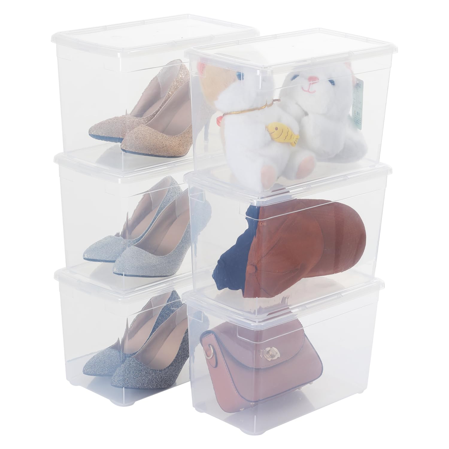 6 Pack 12 Quart Stackable Plastic Storage Bins, BPA-Free Nestable Container with Latching Lid to Organize Shoes, See-Through Box for Home and Office, Multi-Purpose Storage Case, Clear Shoebox