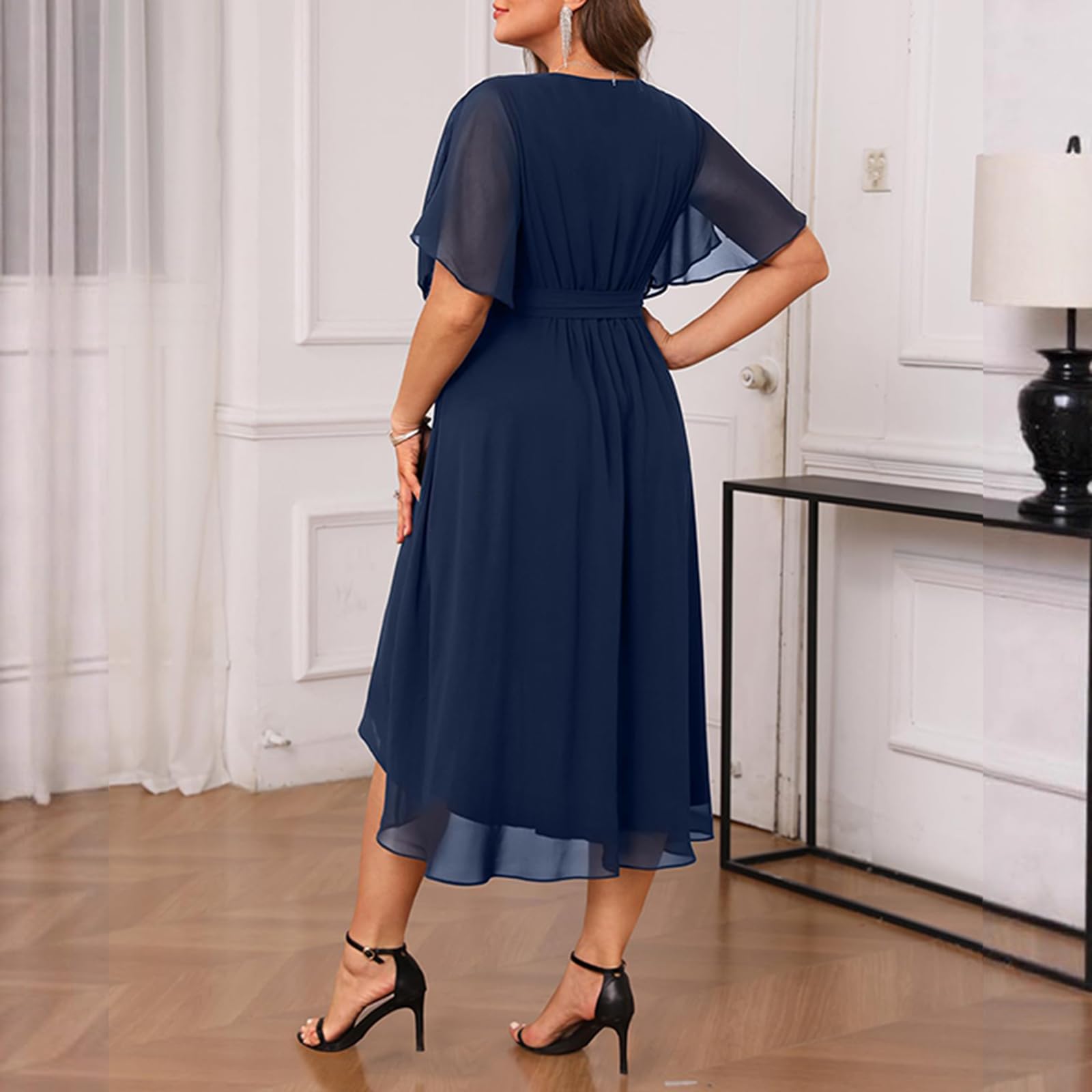 Kleid Hochzeitsgast Damen Curvy Abendkleid Große Größen Cocktailkleid Elegant Chiffonkleid Festlich Schöne Sommerkleider Knielang Midikleid A Linie Damenkleider Sommer Kleid V Ausschnitt
