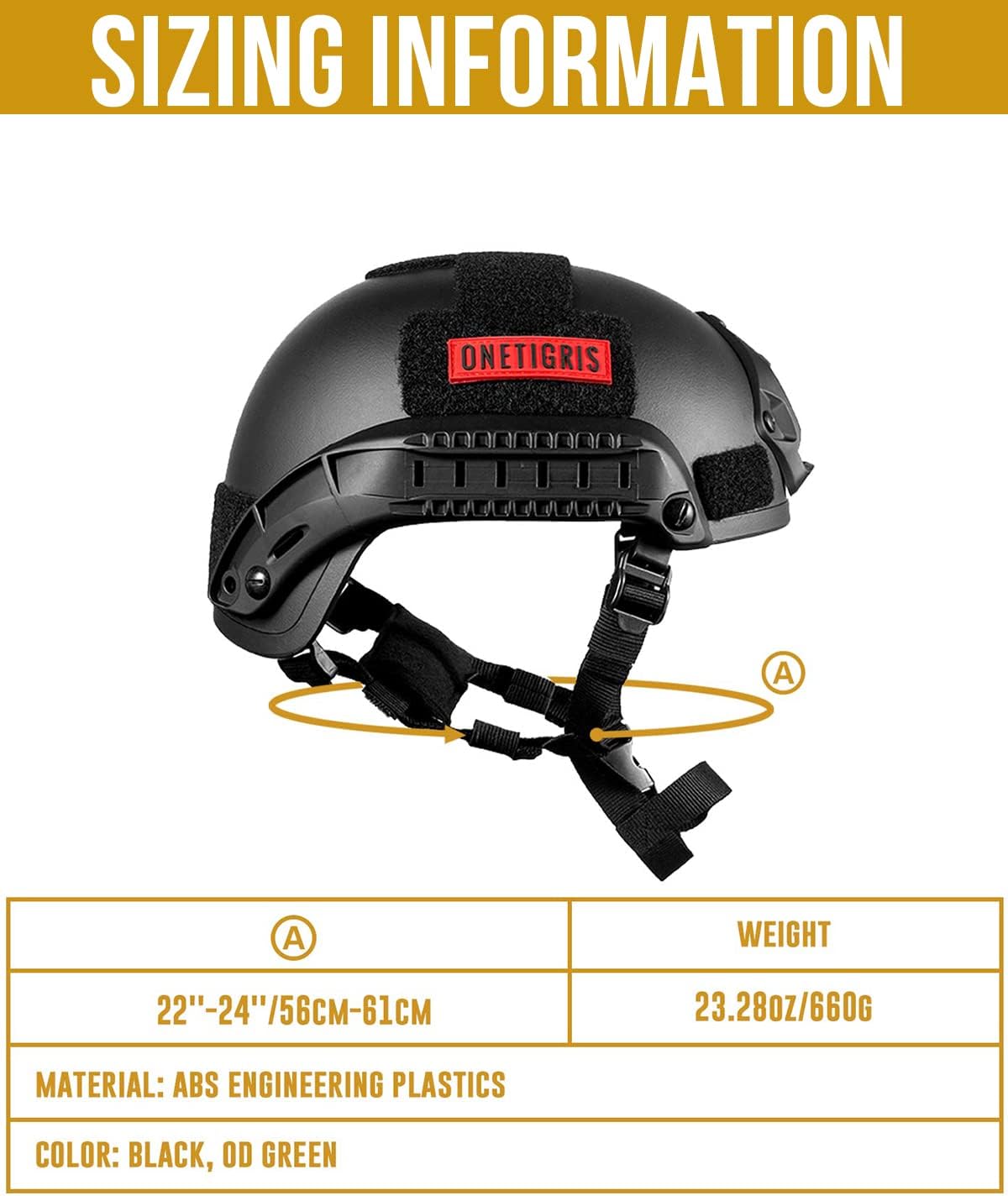 OneTigris Tactical Helmet MICH 2001 - Helmet with Adjustable Chin Strap, Night Vision Mount and Side Rails (Black)