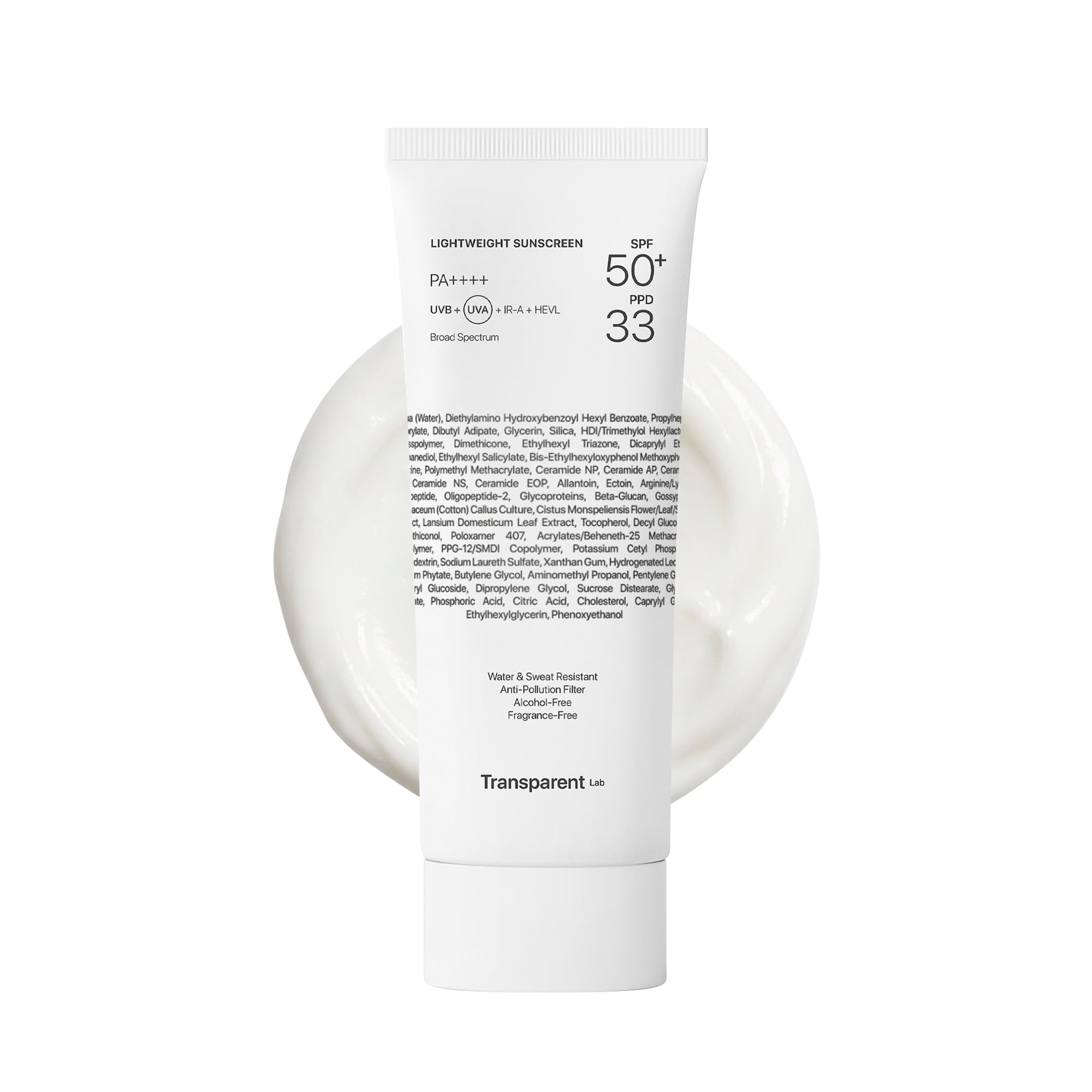 Transparent Lab Lightweight Sunscreen SPF50+ Facial Sunscreen 100ml – UVA/UVB/HEVL Protection, Lightweight Texture, Moisturizing, Anti-aging, No White Cast and Invisible Finish