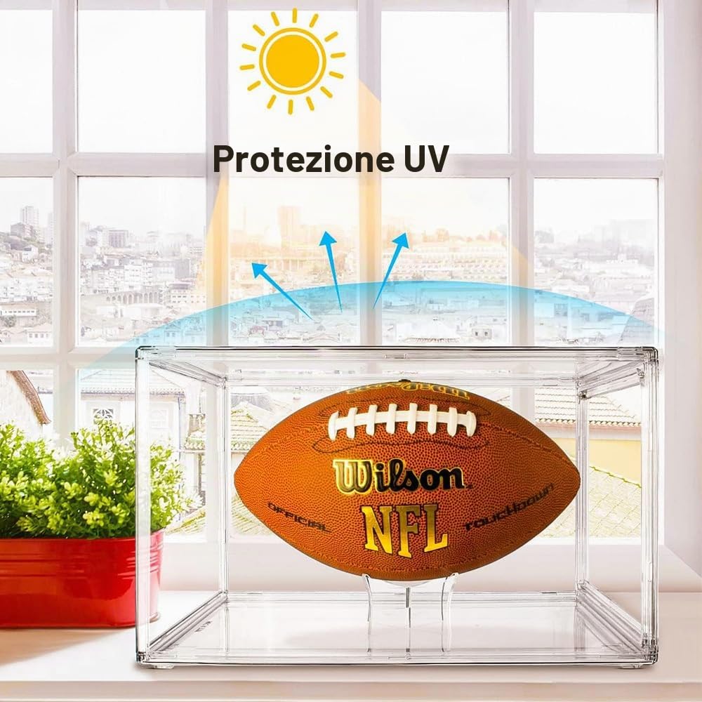 Vetrina Pallone da Calcio Acrilica Trasparente Impilabile con Stand,40x25x30cm Scatola Espositiva Grande Antipolvere con Porta per Basketball Pallavolo Giocattoli