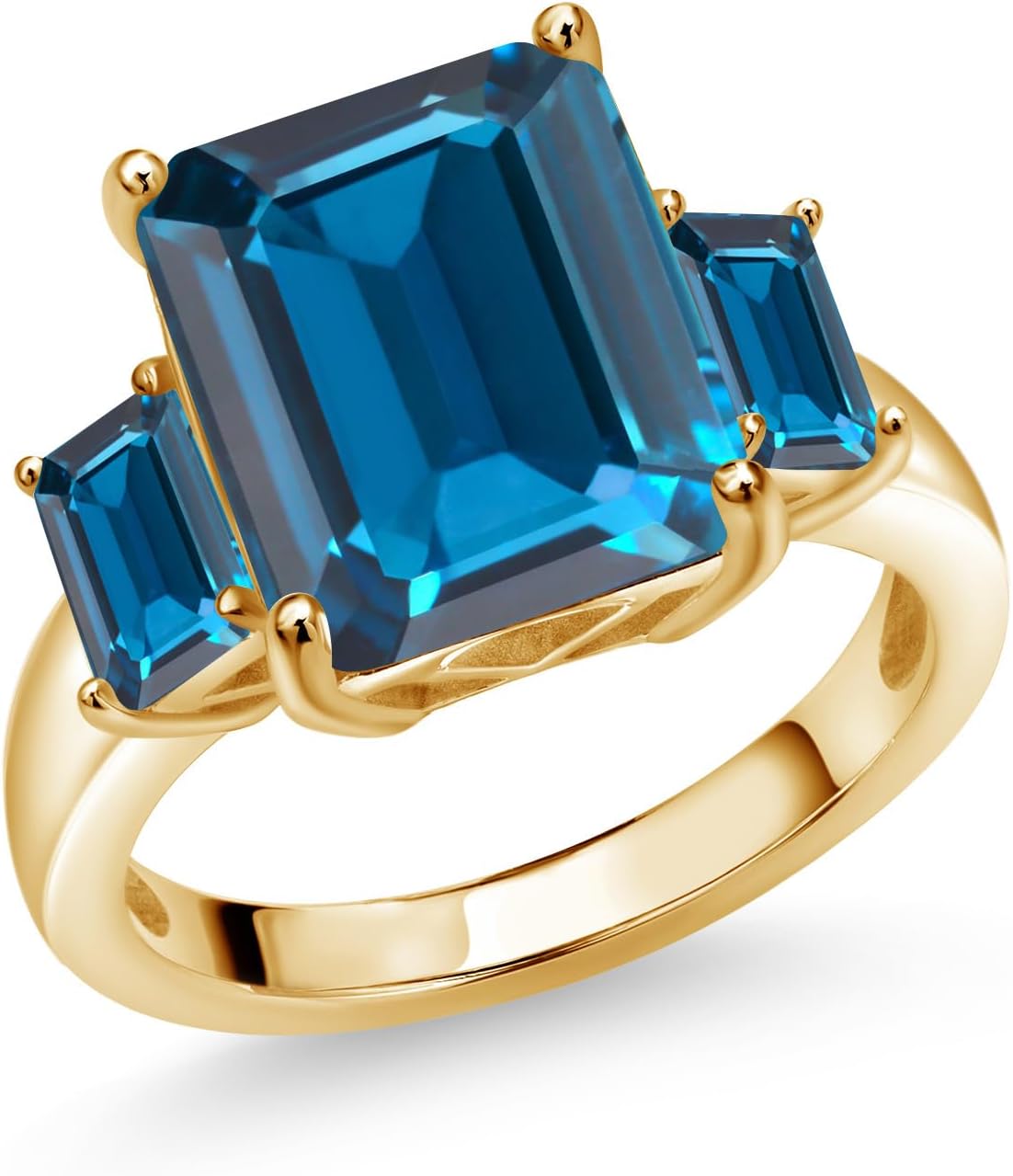 Gem Stone King 18K Yellow Gold Plated Silver London Blue Topaz 3-Stone Ring For Women | 8.82 Cttw | Emerald Cut 12X10MM and 6X4MM | 3 Stone Wedding Engagement Anniversary Ring For Women