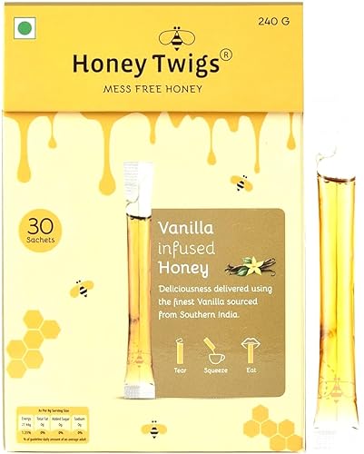 Honey Twigs Palitos de miel con infusión de vainilla, 30 pajitas de miel natural de una sola porción, 8.47 onzas por paquete (0.28 oz por palo),