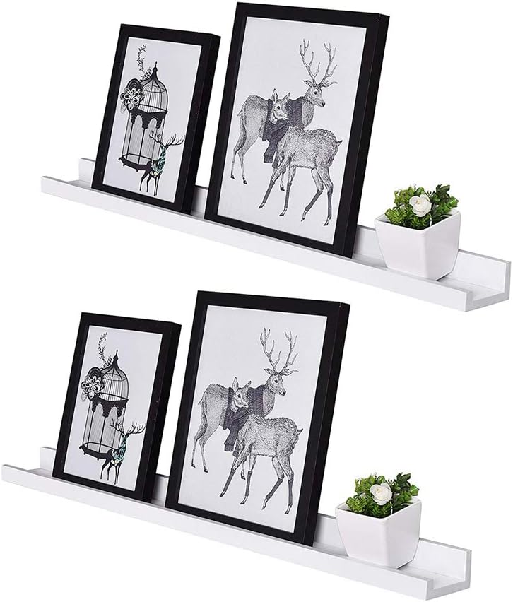 AHDECOR Picture Ledge Shelves White 2 Set MDF Floating Wall Shelves for Picture Frames and Books with Length 38cm Storage for Bedroom, Bathroom, Home Office, Living Room…