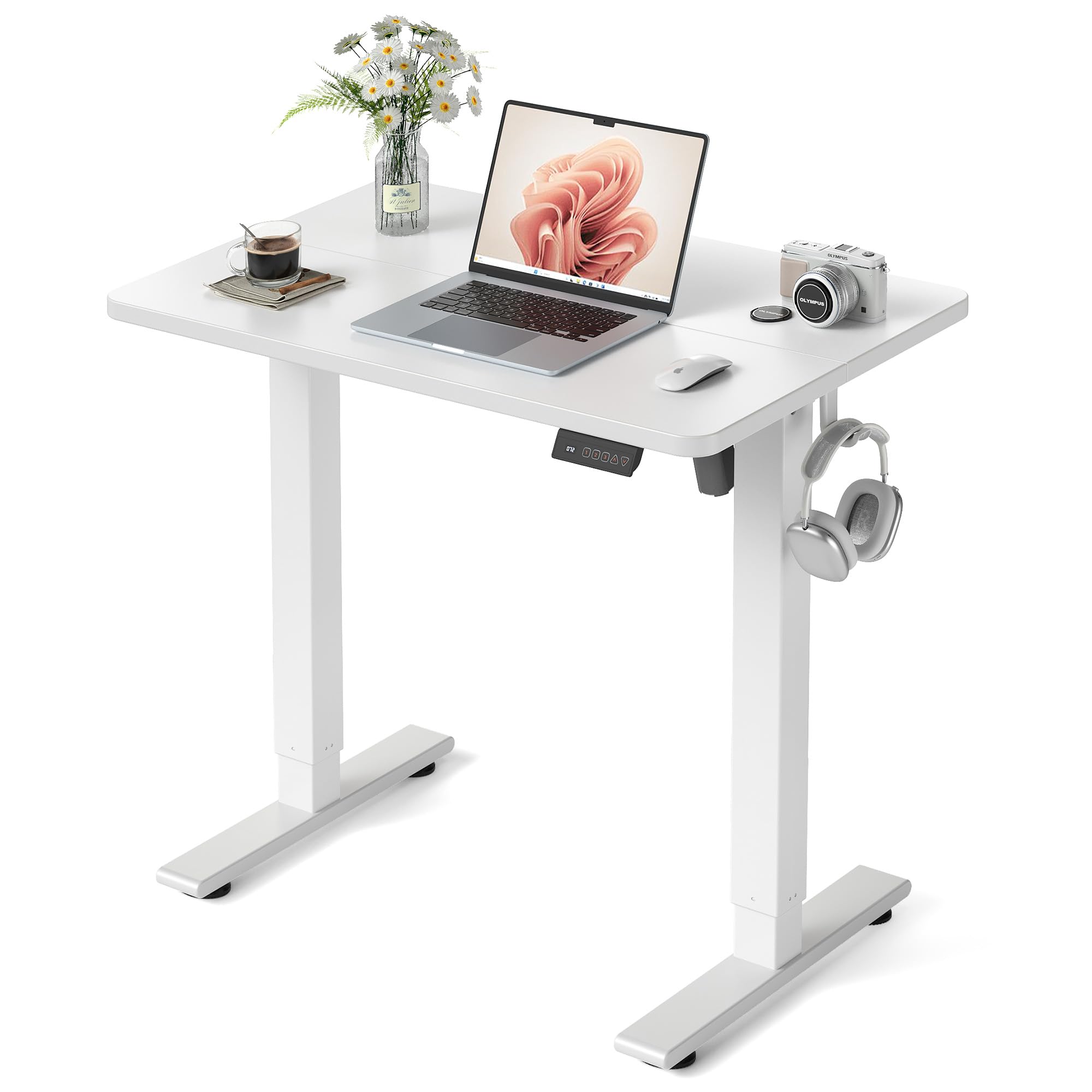 FEZIBO Electric Standing Desk 80 x 48 cm, Height Adjustable Computer Desk with Memory Presets, Sit Stand Home Office Desk, White Frame with White Top — image 1