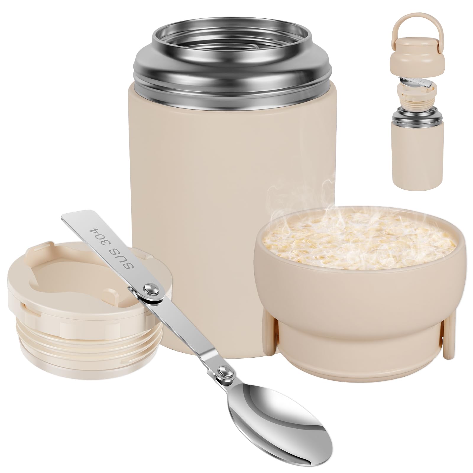 Ghshanog Insulated Food Flask, 600ML Vacuum Thermal Soup Jars, Stainless Steel Thermal Food Flasks with Spoon, Wide Mouth Lunch Meal Carrier Container for Kids & Adults(Beige)