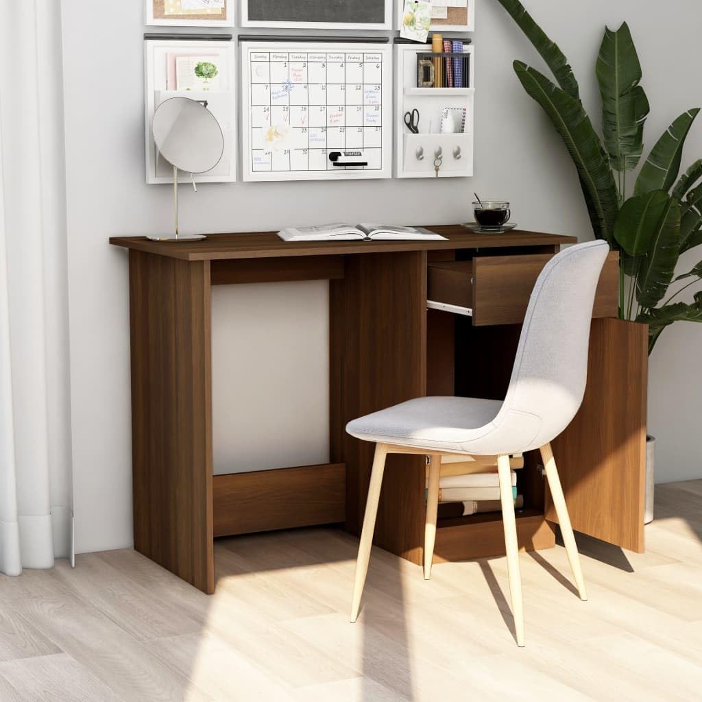 Scrivania marrone effetto rovere, 100 x 50 x 76 cm, con cassetto e porta, per ufficio, casa e ufficio, postazione di lavoro salvaspazio, per laptop e PC
