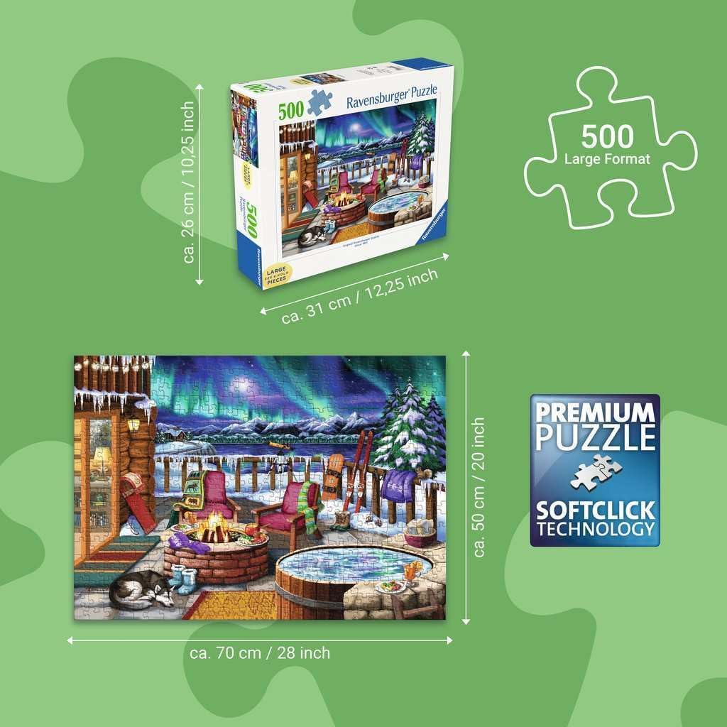 Ravensburger - Northern Lights - 500 Piece Large Format Jigsaw Puzzle - Stunning, Bold, Vivid Image of The Phenomenon - Warm Fireside Cabin - Premium Quality - Puzzles for Adults