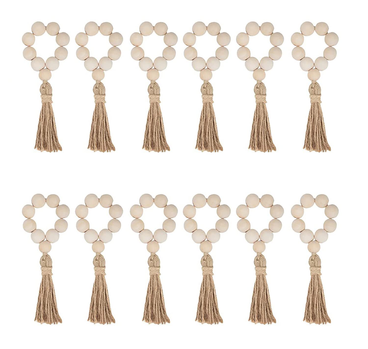 Surakey Napkin Rings Set of 12, Handmade Farmhouse Wood Beaded Garland Napkin Ring with Rope Tassel Prayer Beads Tabletop Decor for Dinning Table, Party, Wedding, Family Gatherings (Wooden)
