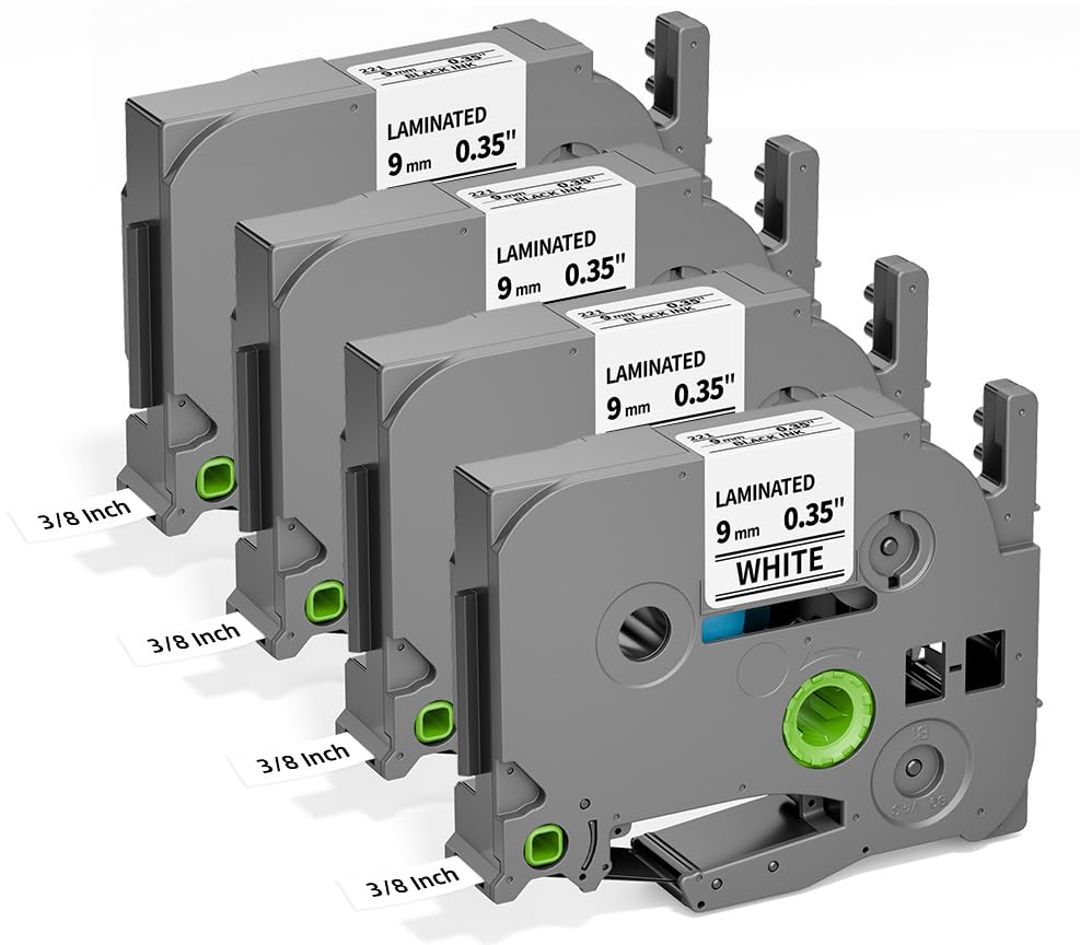TZe-221 TZ Tape 9mm 0.35 Laminated White Replacement for Brother P Touch Label Tape 3/8 Inch TZ TZe221 Compatible with PT-D200 1280 1180 1830 Label Maker Tape Refills, 8m (26.2 ft), 4 Pack
